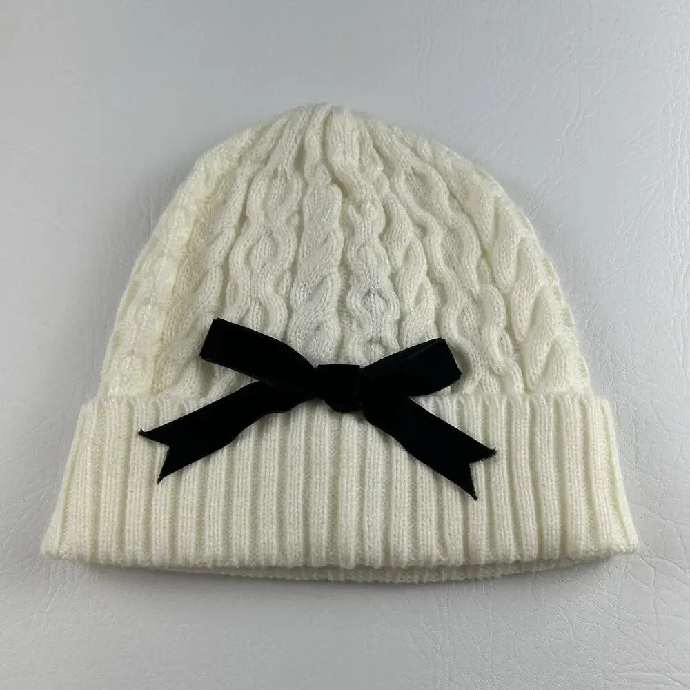 Kate Spade New York Women’s Ivory Cable Knit Beanie Black Bow Cuffed Hat